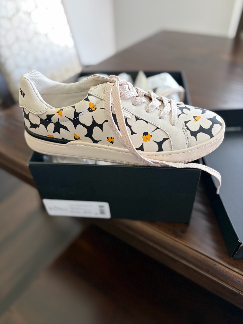 Coach White Floral Print Leather Sneakers with Yellow Accents